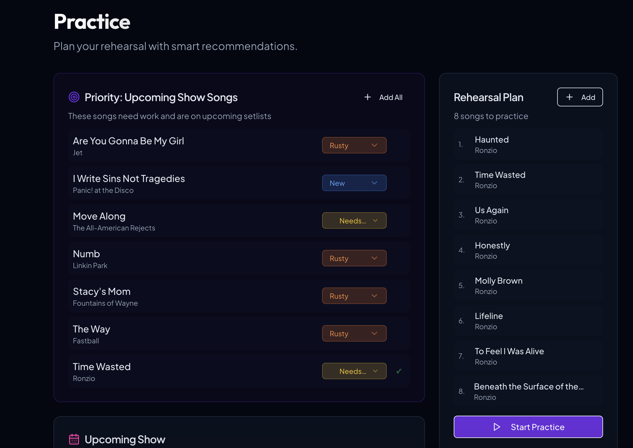 Practice planner with priority songs, readiness status, and rehearsal queue