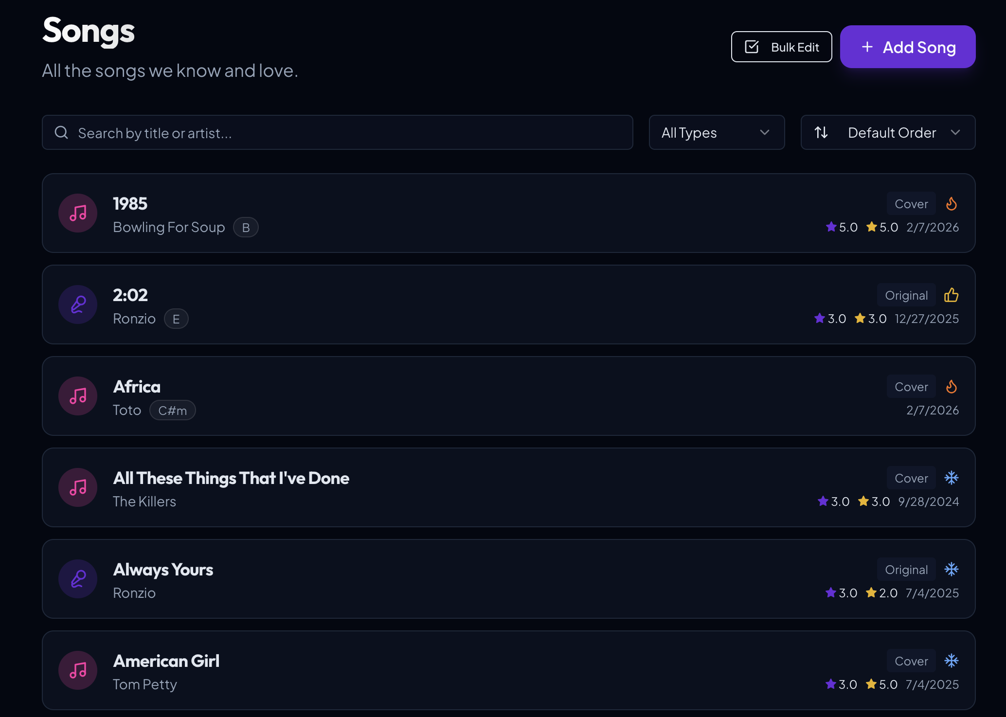 Song repertoire with search, filters, ratings, and readiness status