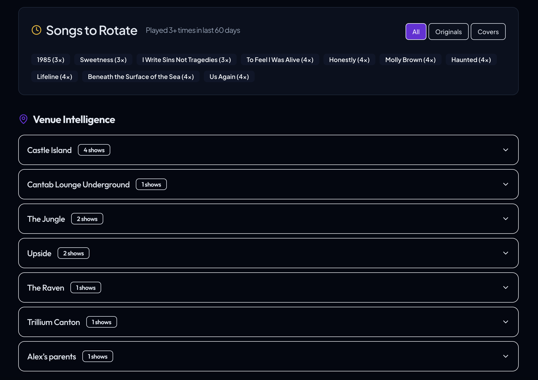 Venue intelligence with show history per venue and song rotation tracking