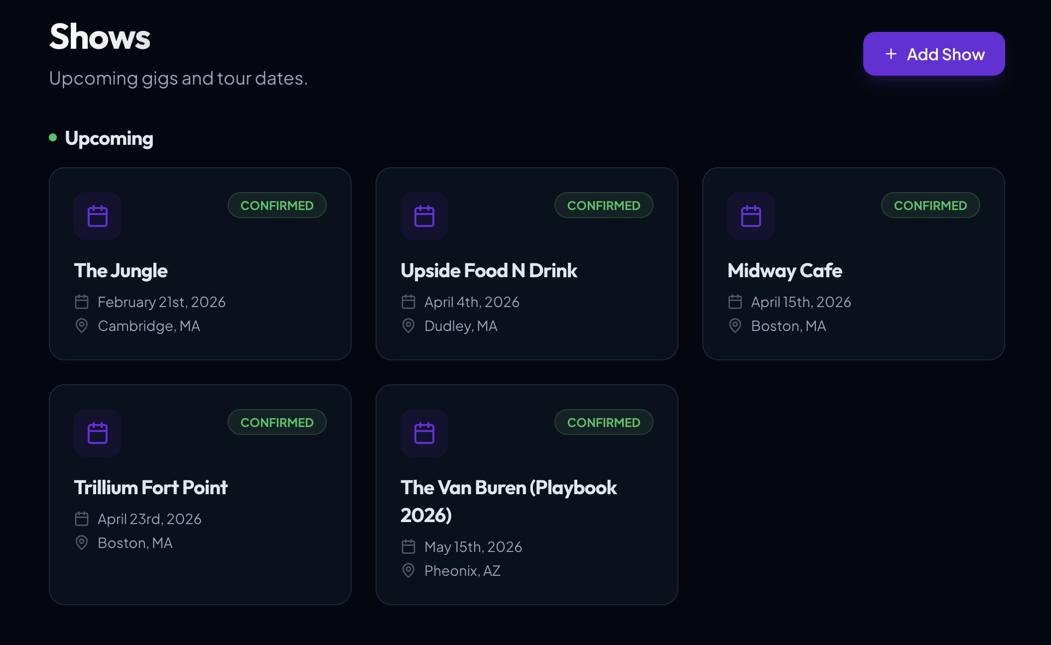 Shows management with upcoming and past gigs in card layout