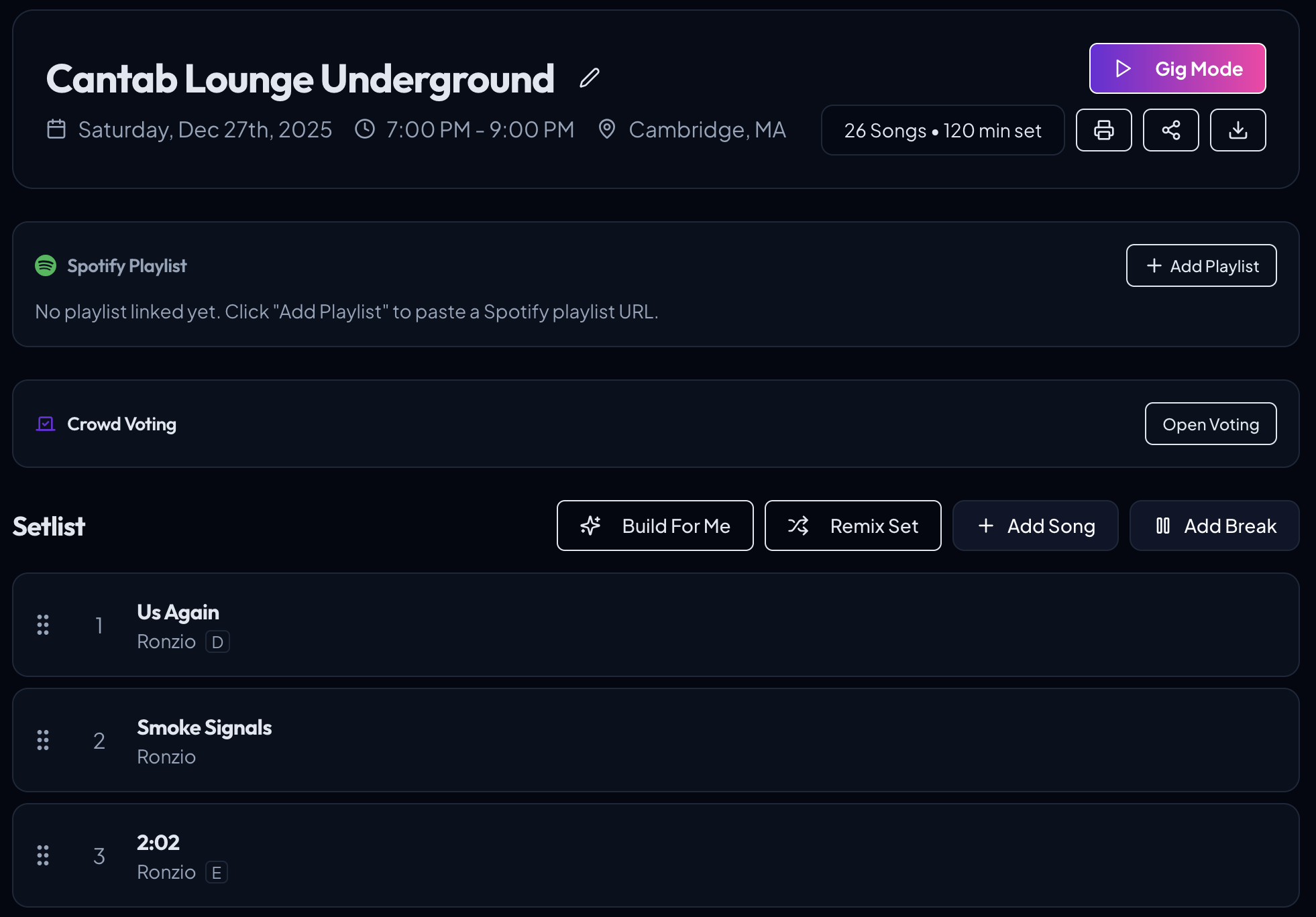 Setlist builder with Build For Me, Remix Set, drag-and-drop, and Spotify integration