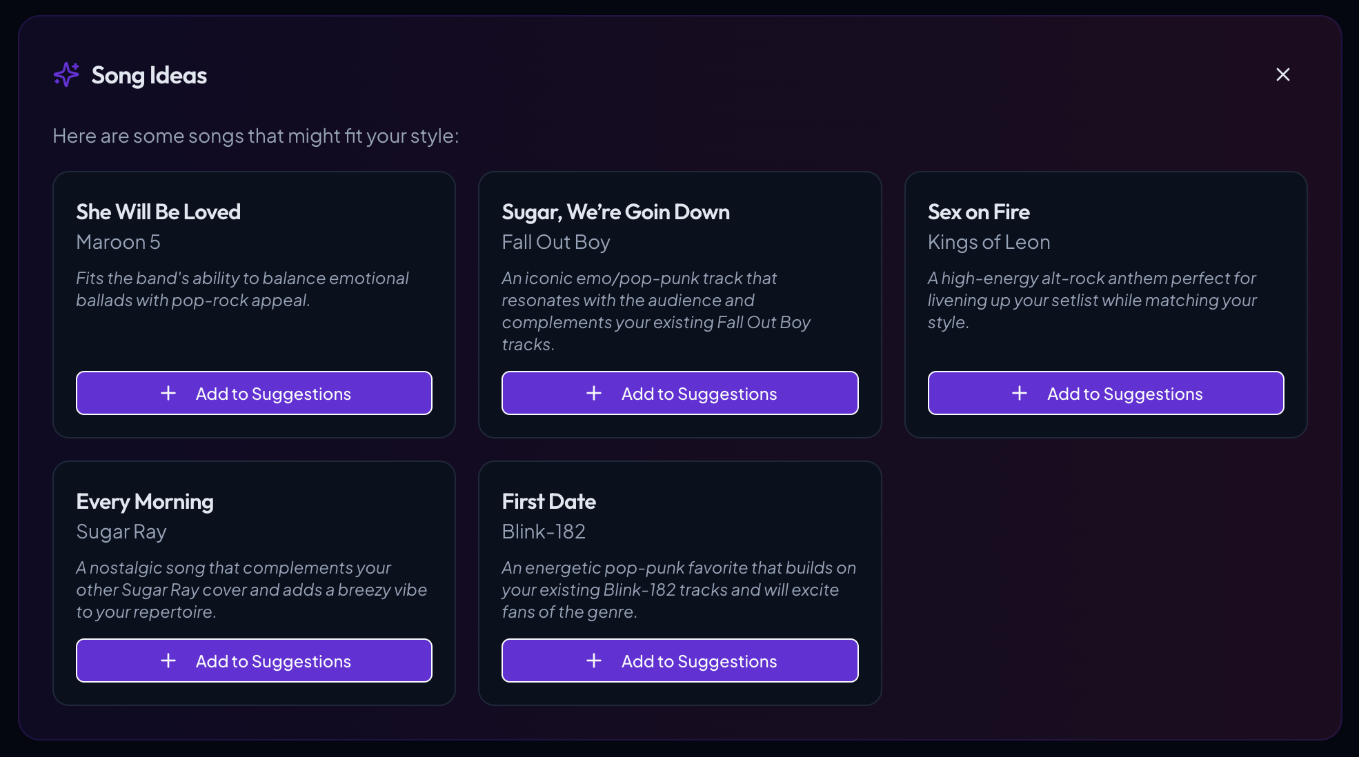 Give Me Ideas feature showing song ideas with personalized reasoning