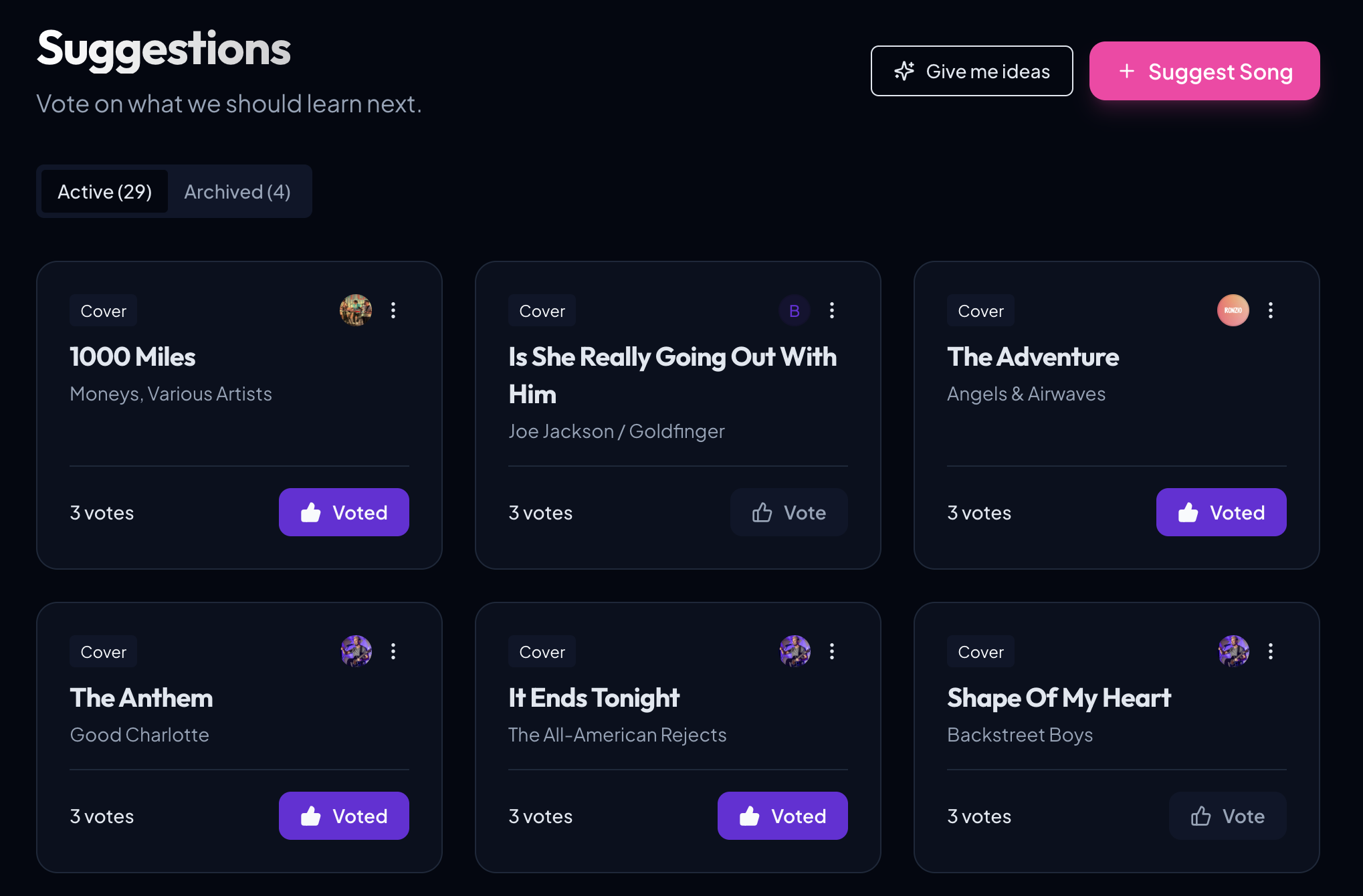 Song suggestion board with voting, smart suggestions, and cover/original tags